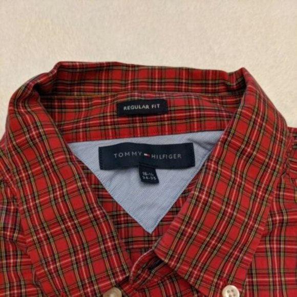 Tommy Hilfiger Men's Button Up Shirt Size 34-35 Red Plaid Long Sleeve 16.5 In - Picture 4 of 12